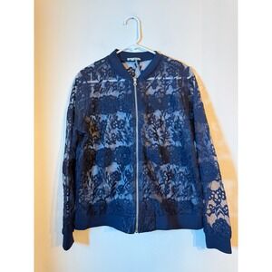 Capri Lace Bomber Jacket Womens Large Navy Blue Floral Sheer Mesh Zip Up Jacket